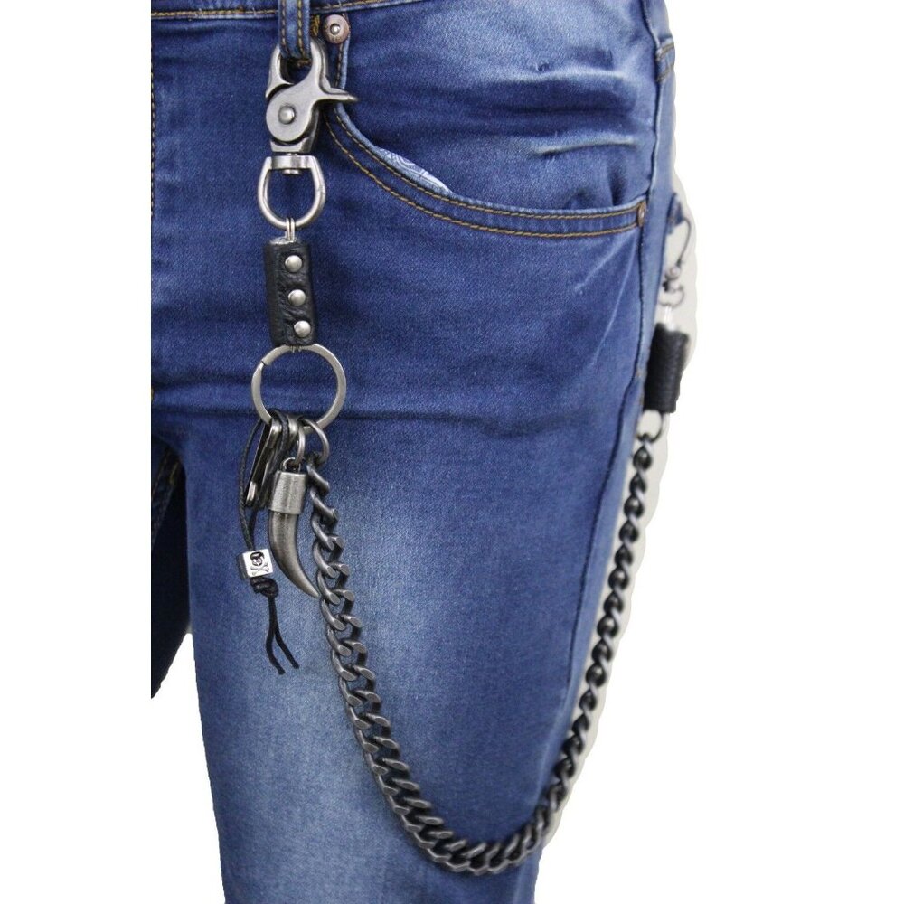 New Men Silver Metal Wallet Chain Links Bull Long Horn Western Skull Charm Biker